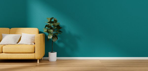 View of living room in minimal style with yellow sofa and fiddle fig on laminate floor with empty wall background. 3d rendering.