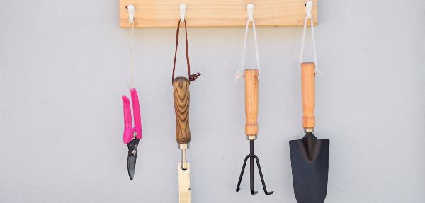 Garden tools hung up.