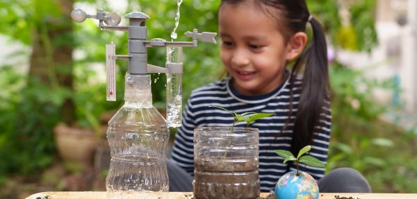 Little girl doing a science experiment with water.