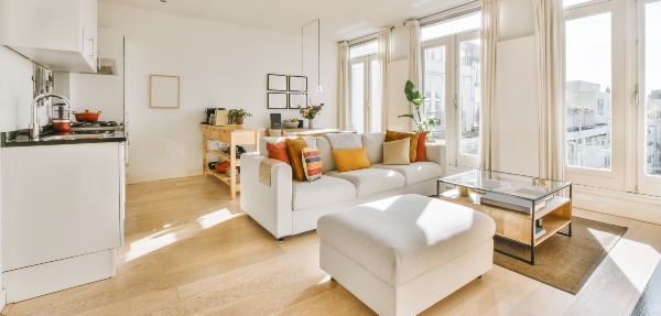 Luxurious living room in daylight with white sofa and ottoman.