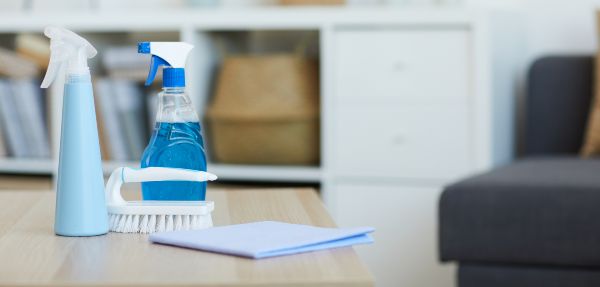 Image of cleaning products on the table preparing for housework