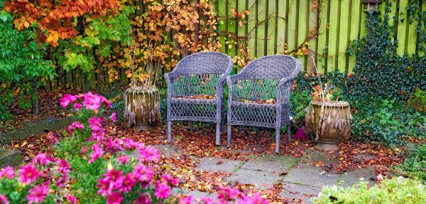 Two chairs situated in a pretty, colourful garden.