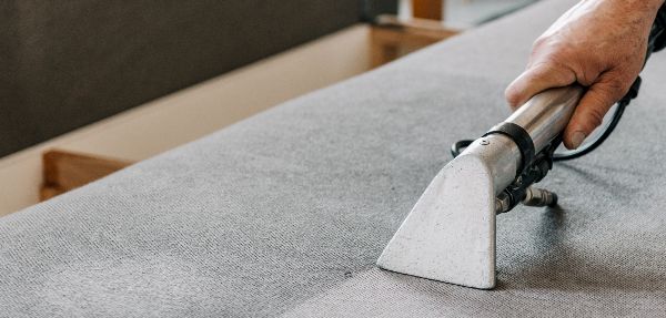 Person vacuuming a carpet.