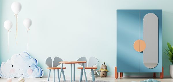 Blue children's room - interior mock-up with cupboard, toys and kids table.