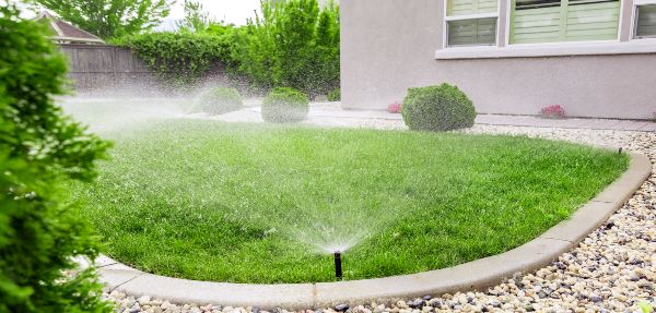 Sprinkler system watering a lawn.