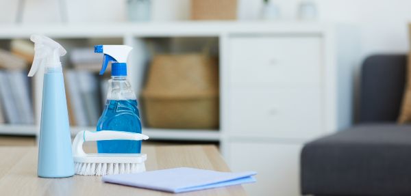 Image of cleaning products on the table preparing for housework.