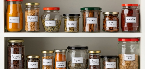 Recycled glass jars with a variety of dried herbs in a row on the kitchen shelf.