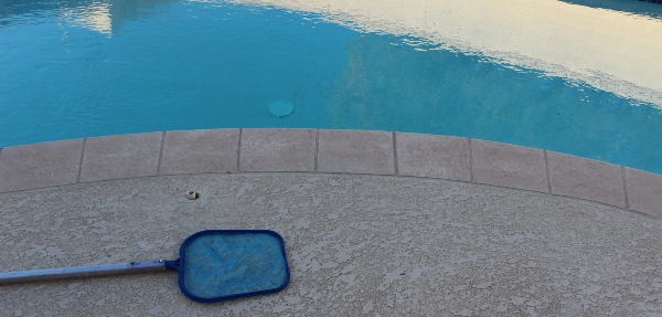 Pool leaf skimmer laying on the floor next to a pool