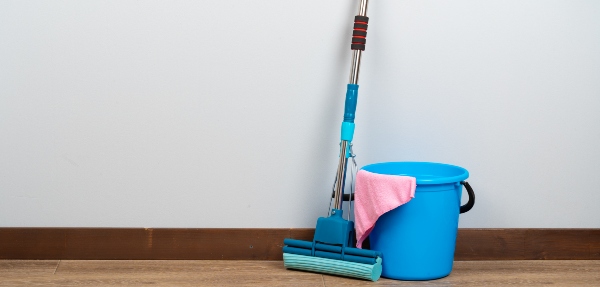 Window cleaning tools on a wooden floor