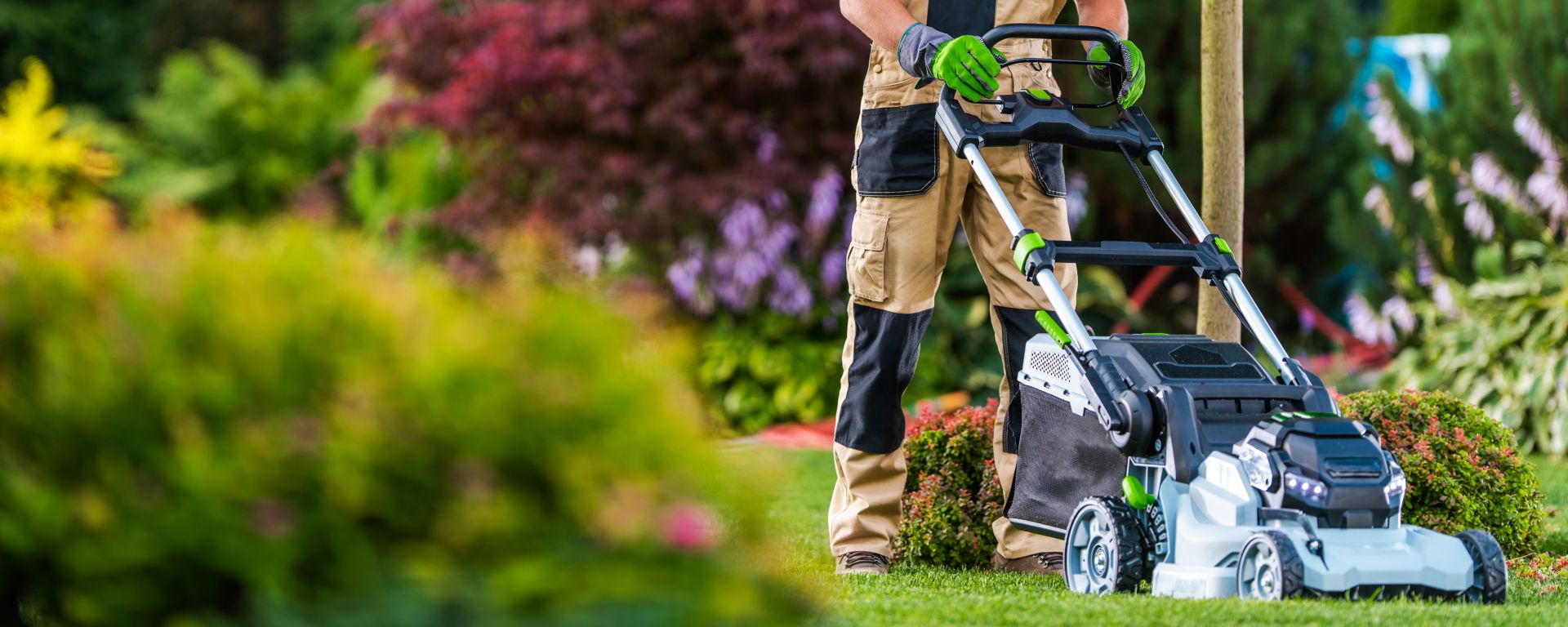 Professional garden worker trimming the grass with a lawnmower in a colourful garden.