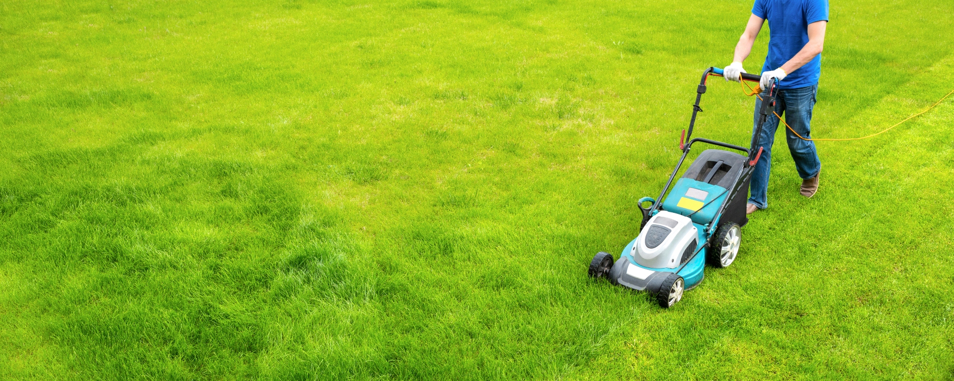 Bird's-eye view of a person mowing lawn